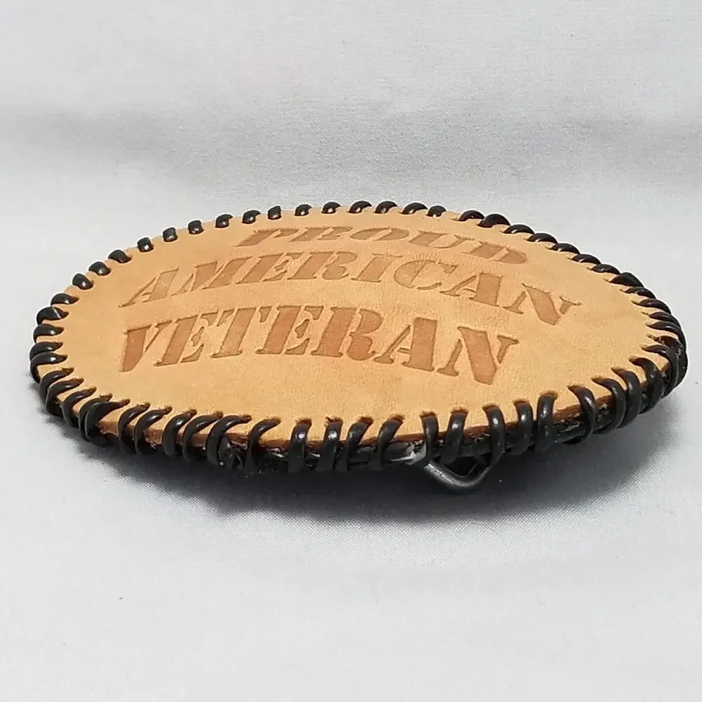 Proud American Veteran Leather Belt Buckle Oval‎ Black Stitch USA Pride